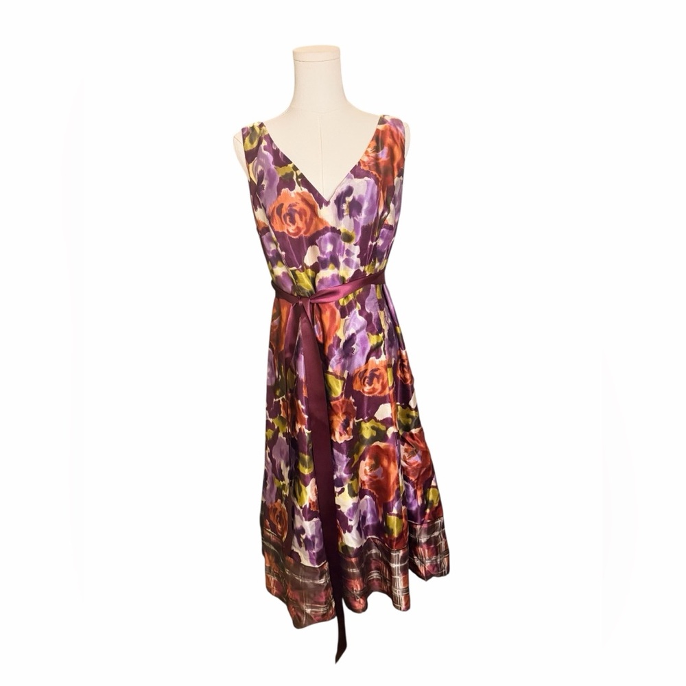 Adrianna Papell Silk Blend Floral Cocktail Dress Purple Burgundy Fit Flare 14W